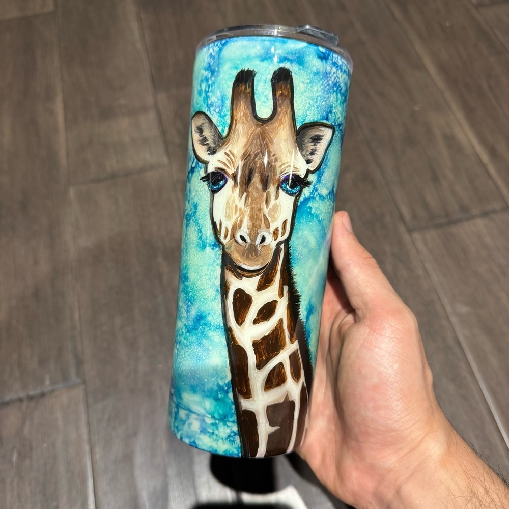 Giraffe Art Tumbler with Blue Background Handpainted